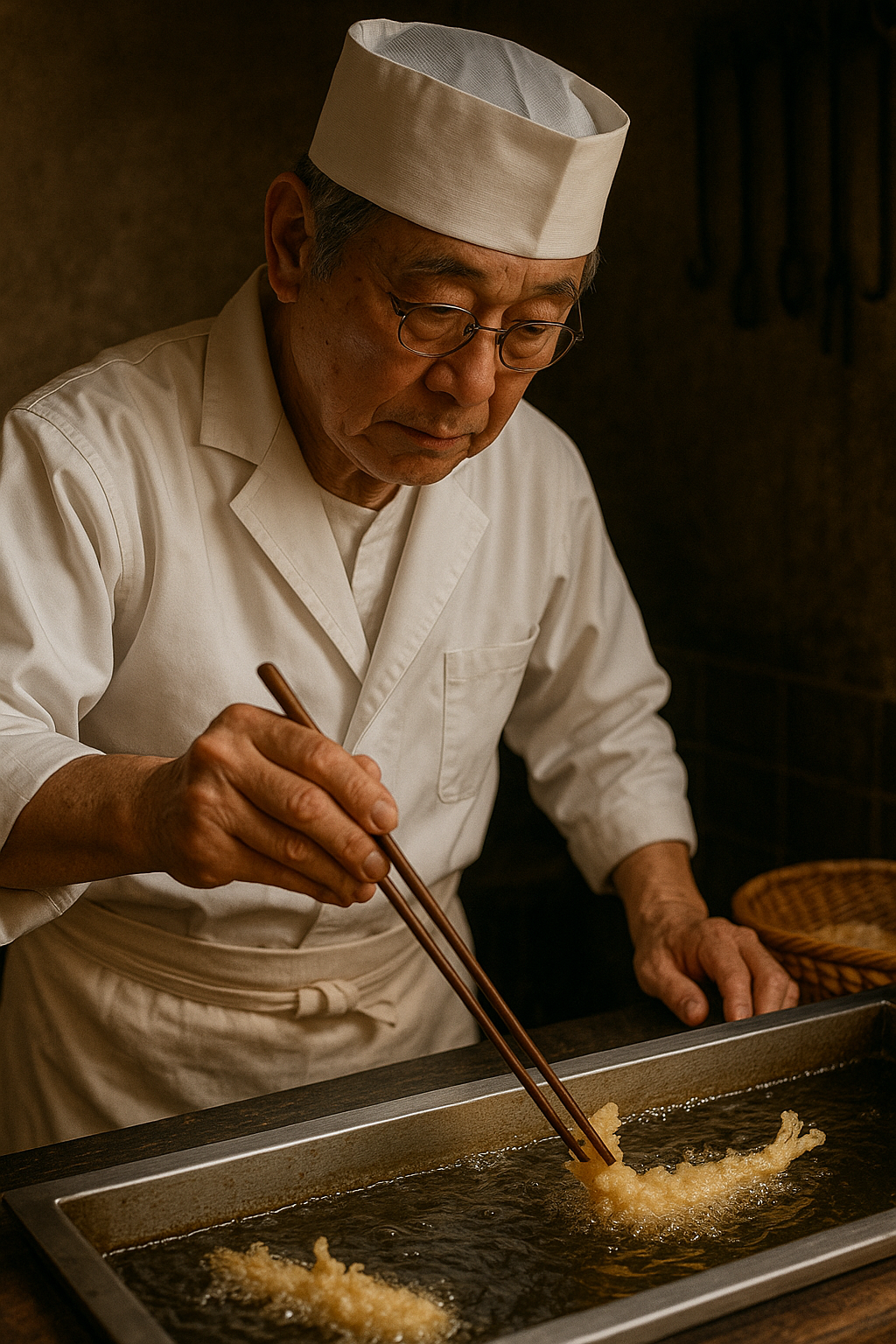 熟練の天ぷら職人が箸で天ぷらを揚げている様子