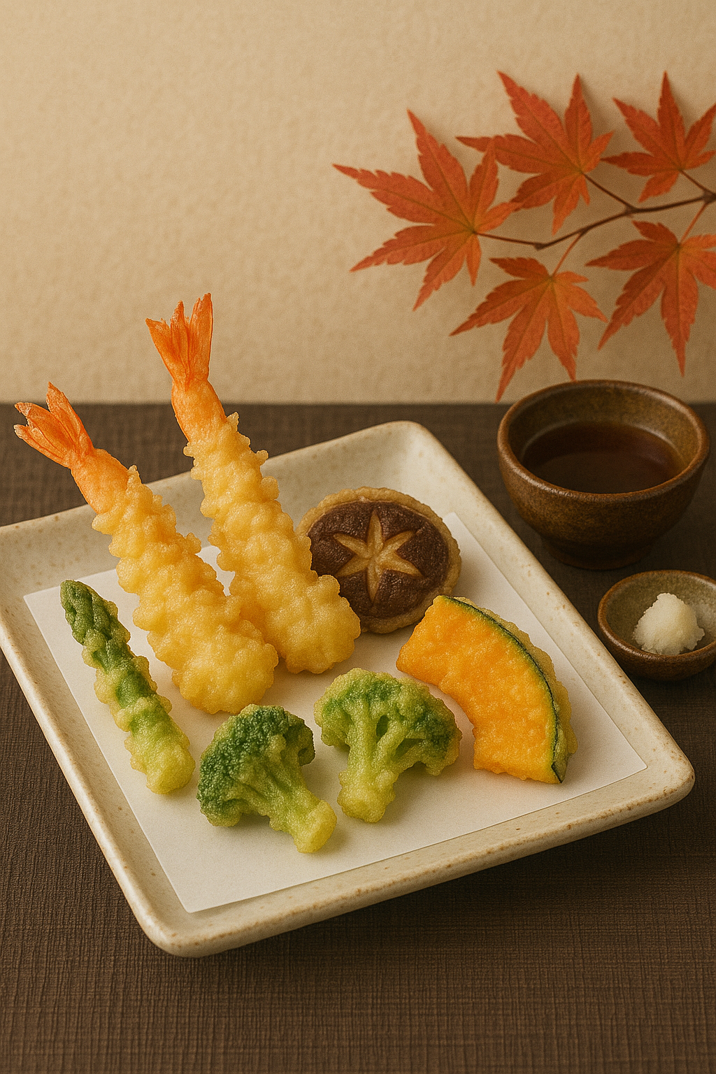 季節の天ぷら盛り合わせ - 秋の紅葉と共に美しく盛り付けられた天ぷら